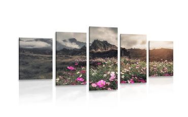5-PIECE CANVAS PRINT MEADOW OF BLOOMING FLOWERS - PICTURES OF NATURE AND LANDSCAPE - PICTURES