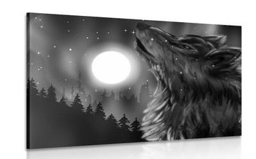 CANVAS PRINT WOLF MOON IN BLACK AND WHITE - BLACK AND WHITE PICTURES - PICTURES