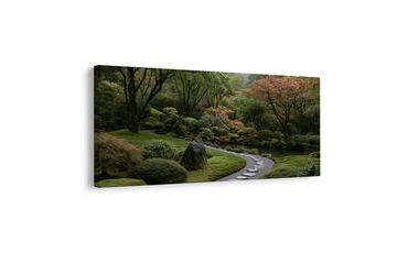 TABLEAU SUR TOILE – JARDIN BRUMEUX AVEC ÉTANG - TABLEAUX ARBRES ET FEUILLES - TABLEAUX