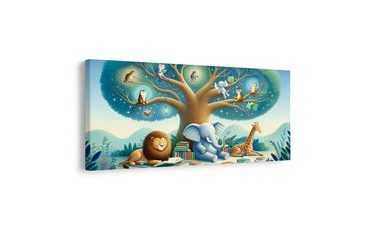 TABLEAU SUR TOILE – ANIMAUX SOUS UN ARBRE AVEC UN LIVRE - TABLEAUX D'ANIMAUX POUR ENFANTS - TABLEAUX