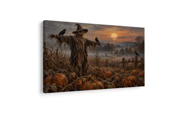 WANDBILD VOGELSCHEUCHE IM KÜRBISFELD - HALLOWEEN- UND HORROR-BILDER - BILDER