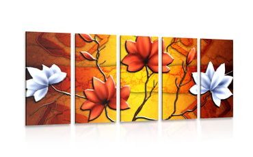 5-PIECE CANVAS PRINT FLOWERS IN ETHNO STYLE - PICTURES FLOWERS - PICTURES