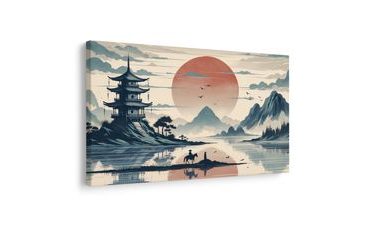 WANDBILD JAPANISCHE LANDSCHAFT MIT REITER - BILDER VON SONNENAUFGANG UND SONNENUNTERGANG - BILDER