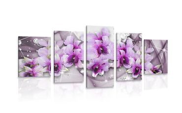 5-PIECE CANVAS PRINT PURPLE FLOWERS ON AN ABSTRACT BACKGROUND - ABSTRACT PICTURES - PICTURES