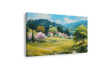 OBRAZ JARNÍ KRAJINA S VESNICÍ - BAREVNÉ DOMY - OBRAZY