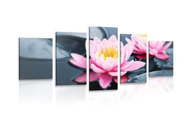 QUADRO IN 5 PARTI FIORI DI LOTO NEL LAGO - QUADRI FENG SHUI - QUADRI