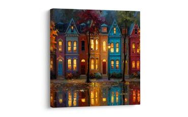 OBRAZ ZÁŘIVÁ ULICE V NOCI - BAREVNÉ DOMY - OBRAZY