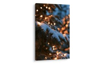 TABLEAU SUR TOILE – BRANCHES DE CONIFÈRE HIVERNALES AUX TONS CHAUDS - TABLEAUX DE NOËL ET D’HIVER - TABLEAUX