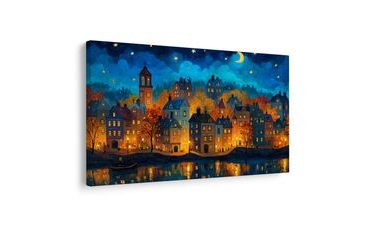 OBRAZ KOUZELNÁ NOČNÍ KRAJINA - BAREVNÉ DOMY - OBRAZY