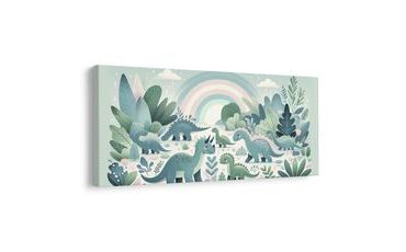 WANDBILD DINO-LANDSCHAFT UNTER PASTELLFARBENEM REGENBOGEN - KINDERBILDER TIERE - BILDER
