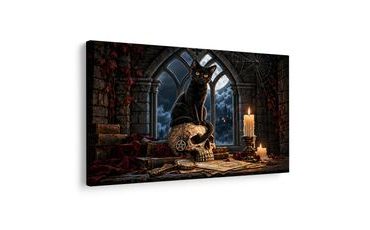 WANDBILD SCHWARZE KATZE AUF EINEM SCHÄDEL - HALLOWEEN- UND HORROR-BILDER - BILDER