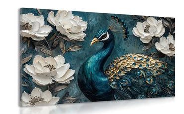 QUADRO SU TELA – RITRATTO DI PAVONE TRA I FIORI - QUADRI DEL PAVONE - STAMPE E QUADRI