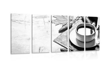 5-PIECE CANVAS PRINT CUP OF COFFEE IN AN AUTUMNAL FEEL IN BLACK AND WHITE - BLACK AND WHITE PICTURES - PICTURES