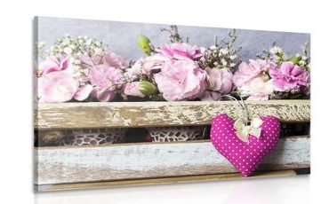 CANVAS PRINT CARNATION FLOWERS IN A WOODEN BOX - VINTAGE AND RETRO PICTURES - PICTURES