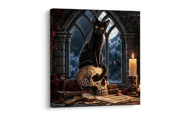 WANDBILD NÄCHTLICHE KATZE MIT KERZEN - HALLOWEEN- UND HORROR-BILDER - BILDER