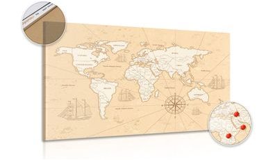 DECORATIVE PINBOARD INTERESTING BEIGE MAP OF THE WORLD - PICTURES ON CORK - PICTURES
