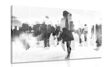 CANVAS PRINT SILHOUETTES OF PEOPLE IN A BIG CITY IN BLACK AND WHITE - BLACK AND WHITE PICTURES - PICTURES