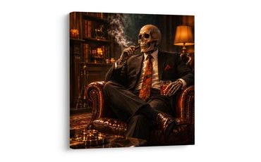 QUADRO SU TELA – ELEGANTE SCHELETRO ACCANTO AL CAMINO - QUADRI HALLOWEEN E HORROR - STAMPE E QUADRI