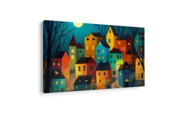 OBRAZ KOUZELNÁ NOČNÍ VESNIČKA - BAREVNÉ DOMY - OBRAZY