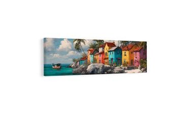 OBRAZ TROPICKÁ IDYLKA S PALMAMI - BAREVNÉ DOMY - OBRAZY