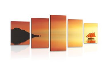 5-PIECE CANVAS PRINT ORANGE SAILBOAT - PICTURES OF NATURE AND LANDSCAPE - PICTURES