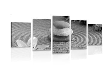 5-PIECE CANVAS PRINT ZEN GARDEN AND STONES IN THE SAND IN BLACK AND WHITE - BLACK AND WHITE PICTURES - PICTURES