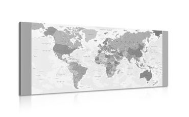 CANVAS PRINT DETAILED MAP OF THE WORLD IN BLACK AND WHITE - PICTURES OF MAPS - PICTURES
