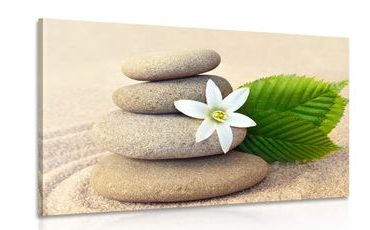 CANVAS PRINT WHITE FLOWER AND STONES IN THE SAND - PICTURES FENG SHUI - PICTURES