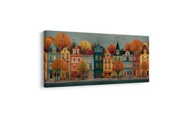 OBRAZ HISTORICKÉ FASÁDY S PODZIMNÍMI STROMY - BAREVNÉ DOMY - OBRAZY