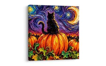 QUADRO SU TELA – GATTO TRA ZUCCHE E LUNA - QUADRI HALLOWEEN E HORROR - STAMPE E QUADRI