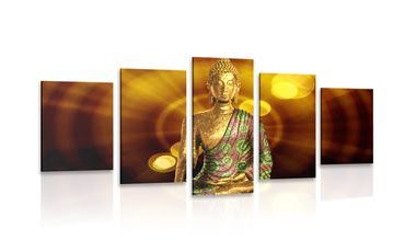 IMPRESSION SUR TOILE EN 5 PARTIES STATUE DE BOUDDHA AVEC UN ARRIÈRE-PLAN ABSTRAIT - IMPRESSIONS SUR TOILE FENG SHUI - IMPRESSION SUR TOILE