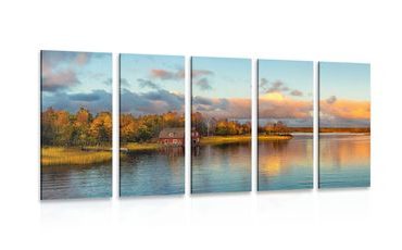 QUADRO IN 5 PARTI TRAMONTO SUL LAGO - QUADRI DI NATURA E PAESAGGIO - QUADRI