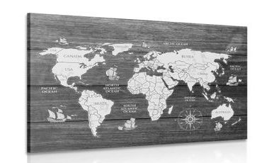 Slika črnobel zemljevid na leseni podlagi
