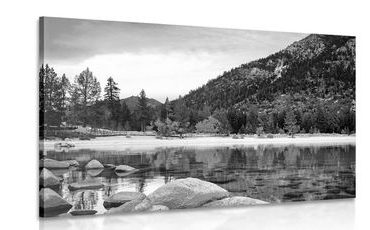 CANVAS PRINT A LAKE IN BEAUTIFUL NATURE IN BLACK AND WHITE - BLACK AND WHITE PICTURES - PICTURES
