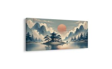 WANDBILD REITER BEI PAGODE IN DEN BERGEN - BILDER VON SONNENAUFGANG UND SONNENUNTERGANG - BILDER