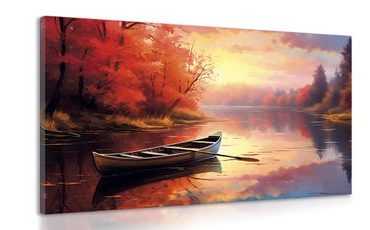 CANVAS PRINT A BOAT IN A CALM SUNRISE - PICTURES LAKES - PICTURES