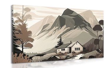 CANVAS PRINT SCANDINAVIAN COTTAGE IN THE MOUNTAINS - PICTURES MOUNTAINS - PICTURES