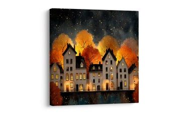 OBRAZ SVÁTEČNÍ OSVĚTLENÉ DOMKY V NOCI - BAREVNÉ DOMY - OBRAZY