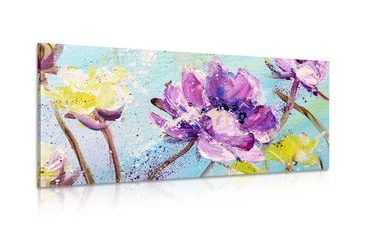 WANDBILD MALEREI MIT LILA UND GELBEN BLUMEN - BILDER BLUMEN - BILDER