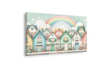 OBRAZ PASTELOVÉ DOMKY S DUHOU - DĚTSKÉ OBRAZY - OBRAZY