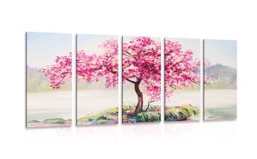 5-PIECE CANVAS PRINT ORIENTAL CHERRY IN PINK DESIGN - PICTURES OF NATURE AND LANDSCAPE - PICTURES