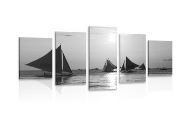 5-PIECE CANVAS PRINT BEAUTIFUL SUNSET AT SEA IN BLACK AND WHITE - BLACK AND WHITE PICTURES - PICTURES