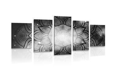 5-PIECE CANVAS PRINT MANDALA WITH A GALAXY BACKGROUND IN BLACK AND WHITE - BLACK AND WHITE PICTURES - PICTURES