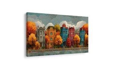 OBRAZ PODZIMNÍ BAREVNÉ FASÁDY DOMŮ - BAREVNÉ DOMY - OBRAZY