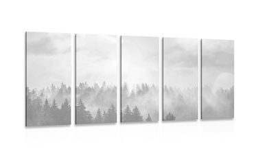 QUADRO IN 5 PARTI NEBBIA SULLA FORESTA IN BIANCO E NERO - QUADRI BIANCO E NERO - QUADRI