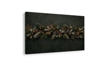 TABLEAU SUR TOILE – GUIRLANDE HIVERNALE DE CONIFÈRES ET POMMES DE PIN - TABLEAUX DE NOËL ET D’HIVER - TABLEAUX