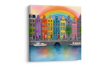 OBRAZ MĚSTSKÁ KRAJINA S DUHOU - BAREVNÉ DOMY - OBRAZY