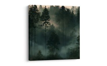 TABLEAU SUR TOILE – FORÊT DE CONIFÈRES SOMBRE DANS LA BRUME - TABLEAUX FORÊT - TABLEAUX
