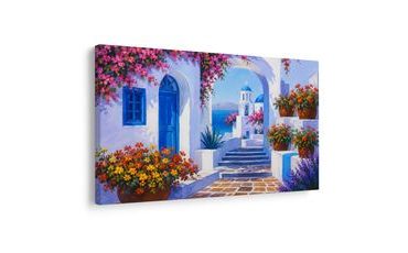 WANDBILD MEDITERRANE GASSE MIT BLAUER KUPPEL - BILDER VON STÄDTEN - BILDER