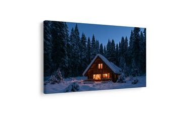 TABLEAU SUR TOILE – CHALET D’HIVER DANS LA FORÊT - TABLEAUX DE NOËL ET D’HIVER - TABLEAUX